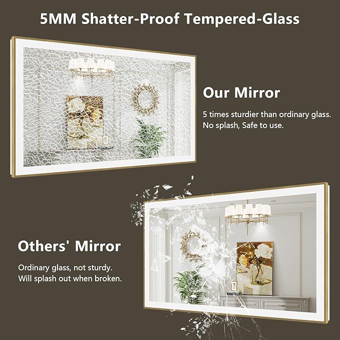 44x30 Inch LED Bathroom Mirror with Lights (Front Lit and Backlit) Gold Framed Lighted Vanity Mirror for Bathroom Wall Dimmable Anti-Fog Memory Tempered Glass Horizontal/Vertical
