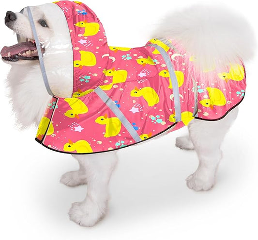 Dog Raincoat, Adjustable Rain Jacket with Hooded Double Layer for Large Medium Small Dogs Puppies, Lightweight Waterproof Rain Coat Poncho with Reflective Stripe Duck Pink,M