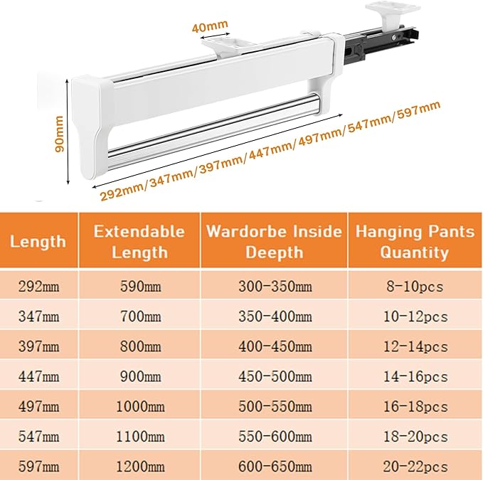 Pull Out Closet Valet Rod, Adjustable Sliding Heavy Duty Steel Top Mounted Clothes Storage Hanger Rail for Closet Wardrobe (447mm/17.6inch)