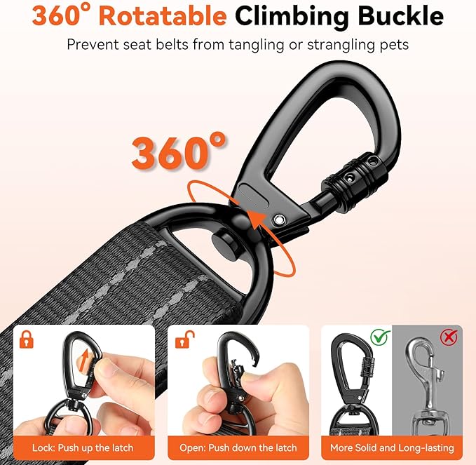 2Pcs Dog Seat Belt, Dog Car Seat Belt Bungee, Car Harness for Pet with Buckle & Hook Latch, Safety Leash Vehicle, Adjustable Reflective Pet Vehicle Tether, 360° Swivel Lock Clasp, Black
