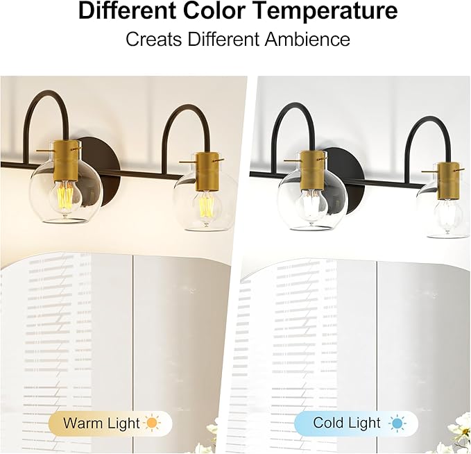 Modern Bathroom Vanity Light 2-Light Wall Sconce, Black & Gold Finish with Clear Glass Shades, Bathroom Light Fixtures Mirror Lighting for Kitchen, Bedroom, Hallway, – Easy Installation