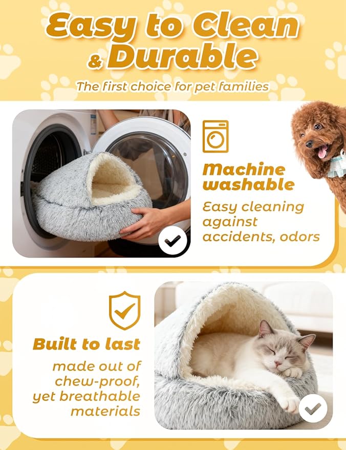 Dog Bed, Dog Bed with Cover Cave, Dual Comfort Design, Pet Bed for Small/Medium/Large Cats and Dogs, Anxiety Relief, Durable & Chew-Proof, Improves Sleep & Behaviour (Gray, 20in)