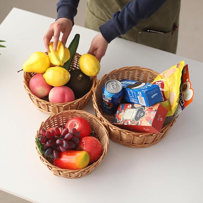 11"Round Wicker Bread Basket Woven Tabletop Food Fruit Vegetables Serving Restaurant Serving Basket Home Kitchen Restaurant Outdoor gifts round easter tray(3-PACKS)