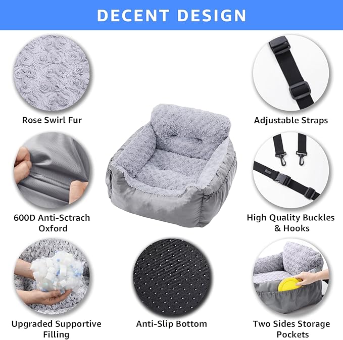 Small Dog Car Seat - Washable Pet Booster Seat with Clip-On Safety Leash, Comfy Plush Carseat with Pockets, Puppy Travel Carrier Bed for Dogs Under 25 lbs, Light Grey
