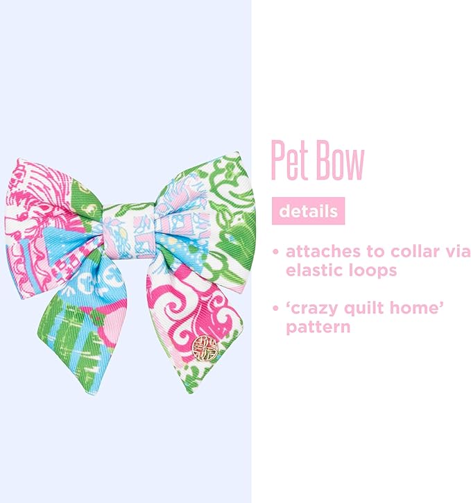 Lilly Pulitzer Pet Bow, Dog Bow Tie with Gold Logo Emblem, Elastic Collar Attachment, Durable Polyester, Easy to Clean, Stylish Pet Accessory (Crazy Quilt Home)