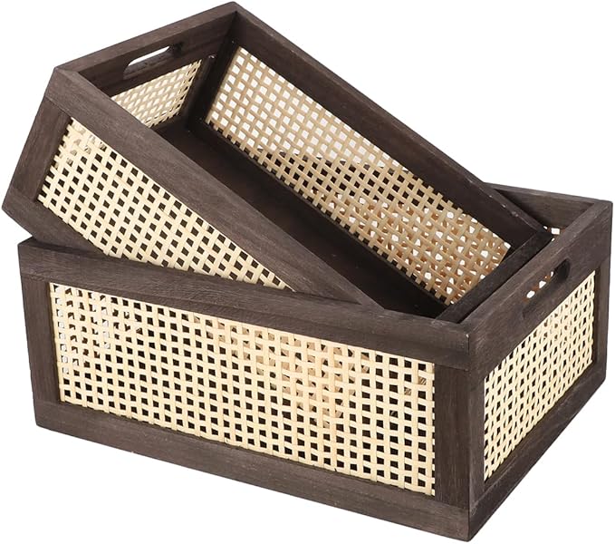Rattan Storage Baskets, Wicker Storage Baskets for Shelves, Wooden Crate. (Brown-Set2)