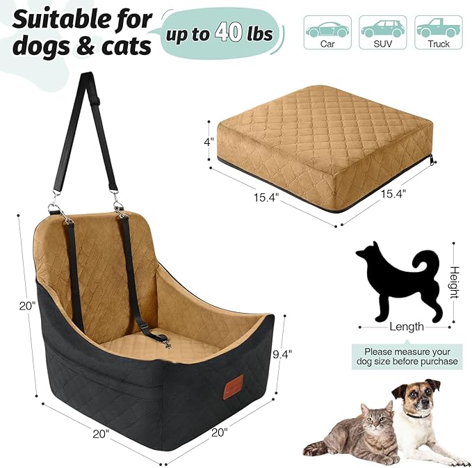 Dog Booster Car Seat for Medium Dogs Up to 40lbs Pets,Easy to Install,Fully Detachable and Washable,Anti-Slip Base,Snug Puppy Car Seat with 2 Clip-On Leashes(Black/Coffee,Medium)