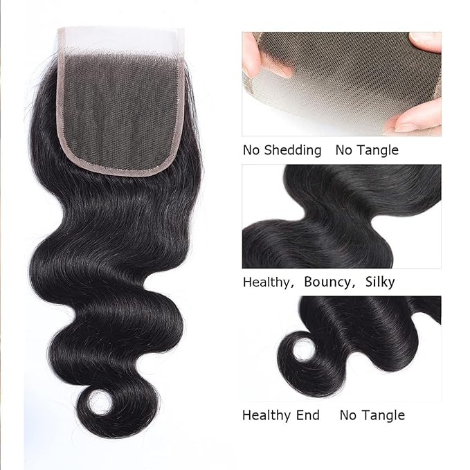 Selina Hair 4x4 Body Wave Lace Closure Human Hair 8 Inch Free Part Unprocessed Brazilian Virgin Hair with Baby Hair Natural Black Color