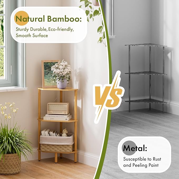 3 Tier Bamboo Corner Shelf, Storage Stand with Adjustable Feet, Small Space Corner Bookcase, Outdoor Plant Stand, Space-Saving Organizer for Bathroom Kitchen Living Room