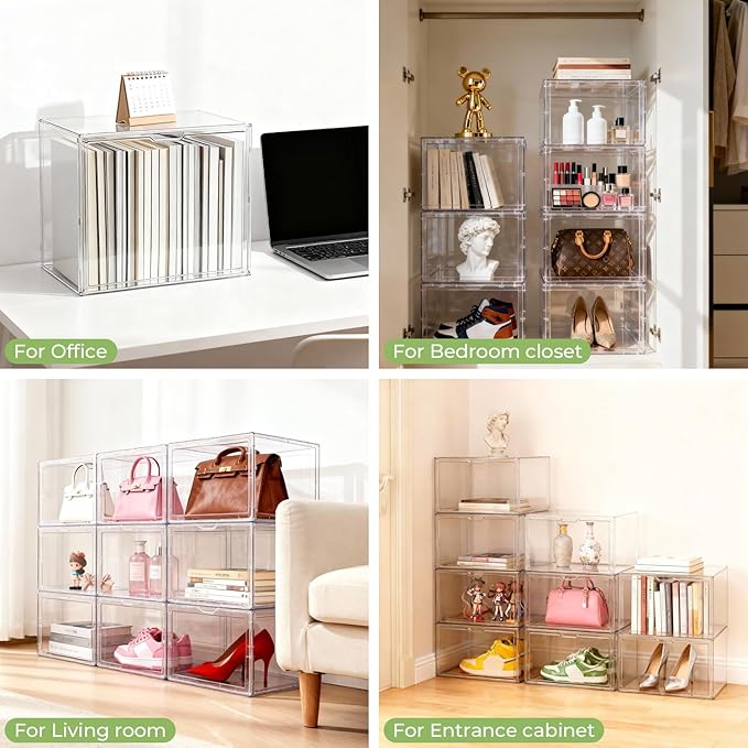 Clear Stackable Storage Bins, Acrylic Display Case, Acrylic Boxes with Lids, Magnetic Lid Storage Bins for Handbags & Purse, Large Figures Collectibles, Storage Box for Home Organization(3 Pack)