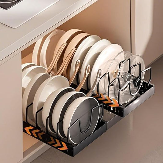Pots and Pans Organizer Under Cabinet 2 Pack, Pull-Out Cabinet Organizer for Pot Lids, Bakeware, Dishes, 8 Adjustable Dividers (Black