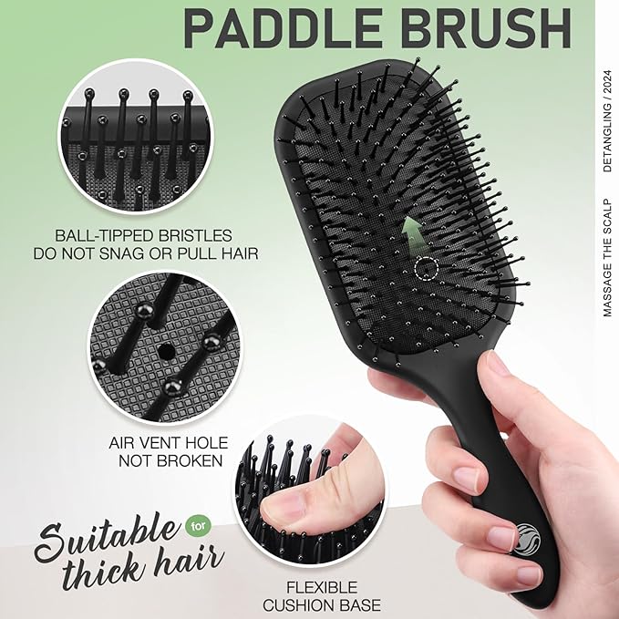 4Pcs Paddle Hair Brush Set, Detangler Brush and comb Afro 3/4abc Texture - Detangling Hairbrush for Wet Dry Long Thick Thin Natural Curly Hair(Black)