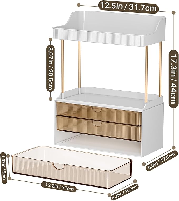 Bathroom Organizers and Storage - 3 Drawers 2 Tier Makeup Organizer, Cosmetic Storage Drawer for Dresser Countertop and Bathroom Vanity for Large Skincare, Perfume, Amber