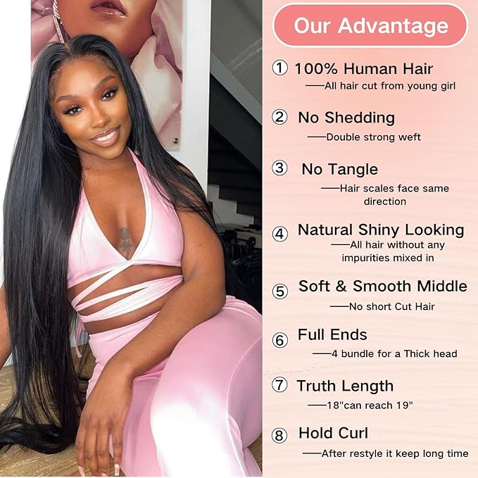 Selina Brazilian Virgin Human Hair Straight 4 Bundles 12 14 16 18 Inch Human Hair Brazilian Virgin Hair 100% Unprocessed Remy Hair Extensions Natural Black