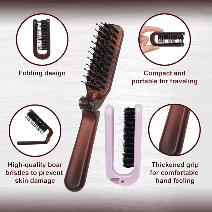 2 Pack Foldable Hair Brush Travel Hairbrush, Boar Bristle Hair Brush Portable Collapsible Pocket Comb for Women and Men, Suitable for Travel, Purse, Anti-Static Design (Amber & Light Pink)