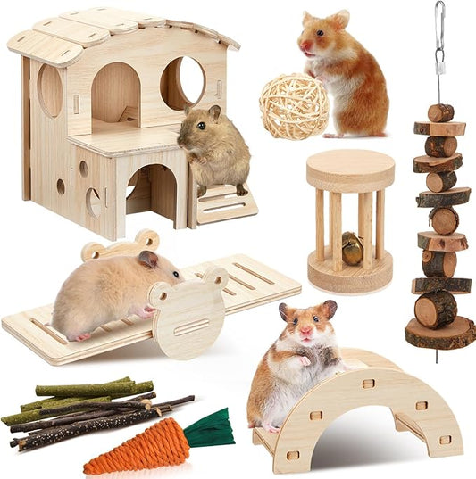 8 Pcs Hamster Cage Accessories Hamster Starter Kit with Maze Wood House, Bridge, Seesaw, Chew Toys Set for Gerbils and Mice Small Animals Habitat Supplies(Fun Villa)