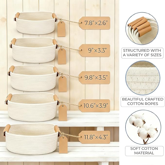 SVNR Beige Storage Baskets Set of 5, Woven Rope Shelf Bins for Organizing - Durable Cube Organizers for Closet, Nursery, Bedroom, Toy Storage with Handles, Modern Home Decor