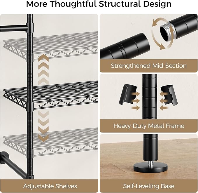 Closet Organizers and Storage, 3-Row Heavy Duty Garment Rack Clothes Rack for Hanging Clothes, Wall Mounted Closet System with 4 Telescopic Rods, 4 Hooks, 6 Shelves for Wardrobe, Bedroom, Small Space