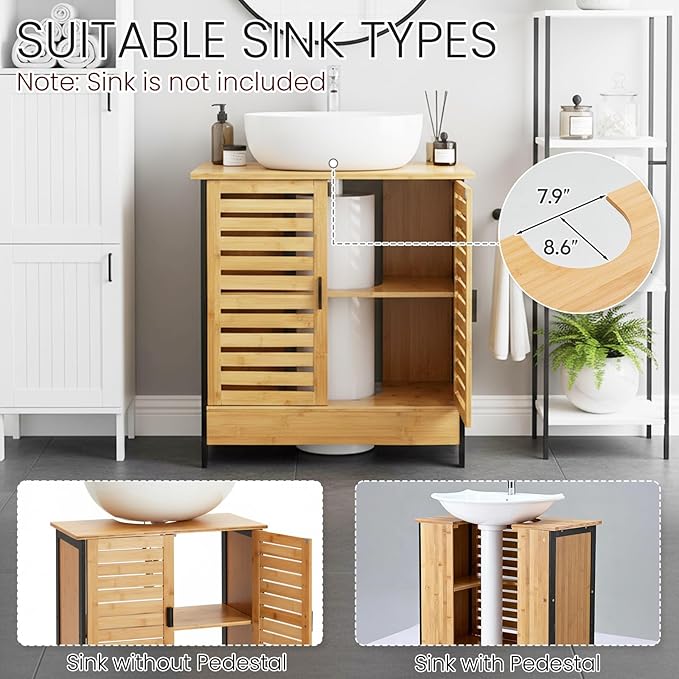 24" Bamboo Pedestal Under Sink Storage Vanity Cabinet, Solid Waterproof Sliding Door Bathroom Organizer with Adjustable Shelf, Modern Bathroom Furniture(for Floor Drain)