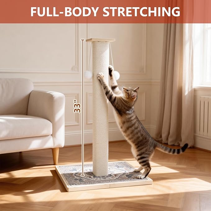 Tall Cat Scratching Post Cat, Modern Cat Scratcher for Indoor Cats, Cat Scratch Post with Carpet, Natural Sisal, Dangling Toy Balls and Perches, for Kittens & Adults
