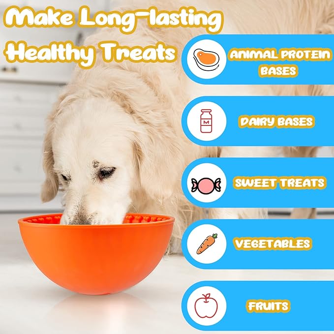 Patelai 2 Pcs Dog Enrichment Lick Bowls Silicone Freeze Bowls Interactive Cat Licking Mats Slow Feeders for Pet Oral Health Boredom Anxiety Relief, Wobble or Stay Put(Blue, Orange,Bone)