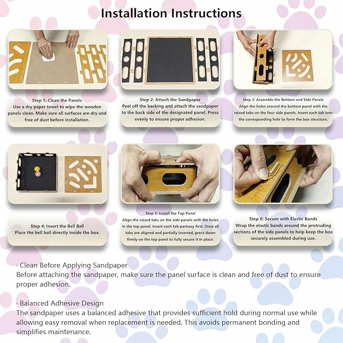 MDF Cat Nail File Enrichment Box, Scratch Puzzle with Sandpaper Surface, Stress-Free Nail Care Alternative, Interactive Maze Scratcher with Bell Ball for Indoor Cats
