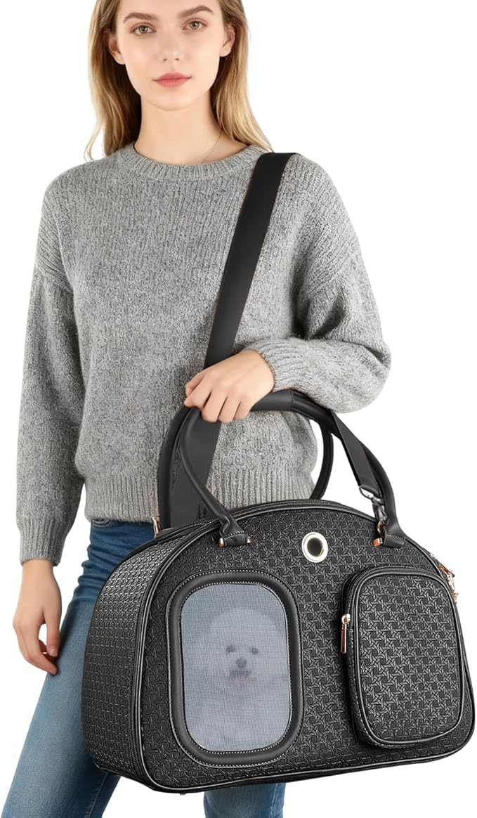Dog Purse Carrier for Small Dogs, TSA Airline Approved Pet Tote Bag, Fashion Soft-Sided Puppy Carrier Purse with Pockets for Travel, Shopping, Daily Use (Black, 16.1inch x 8.7inch x 12inch(LxWxH))