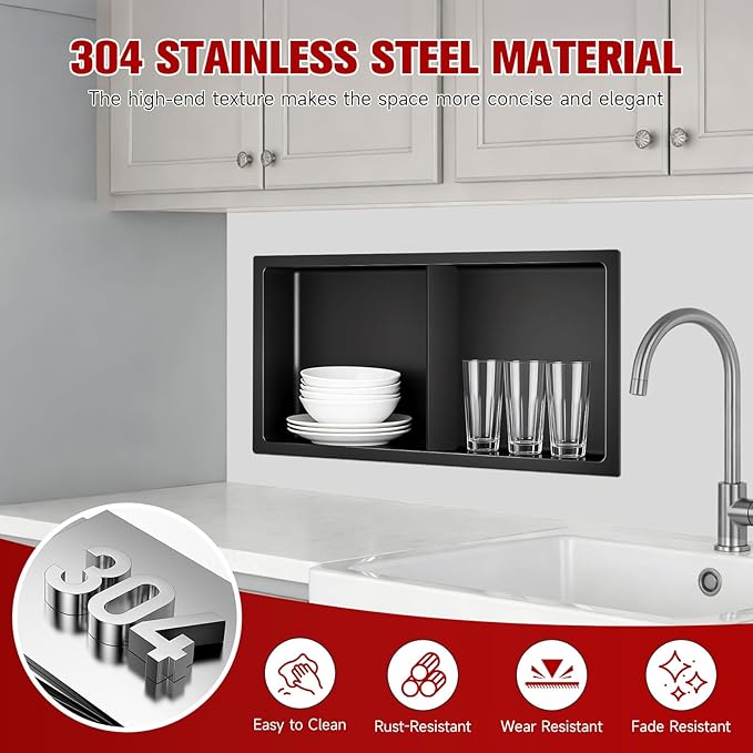 No Tile Needed Shower Niche 13"X 25", Bathroom Wall Niche Double Shelves, Stainless Steel Shower Niche for Bathroom, Kitchens, Balconies