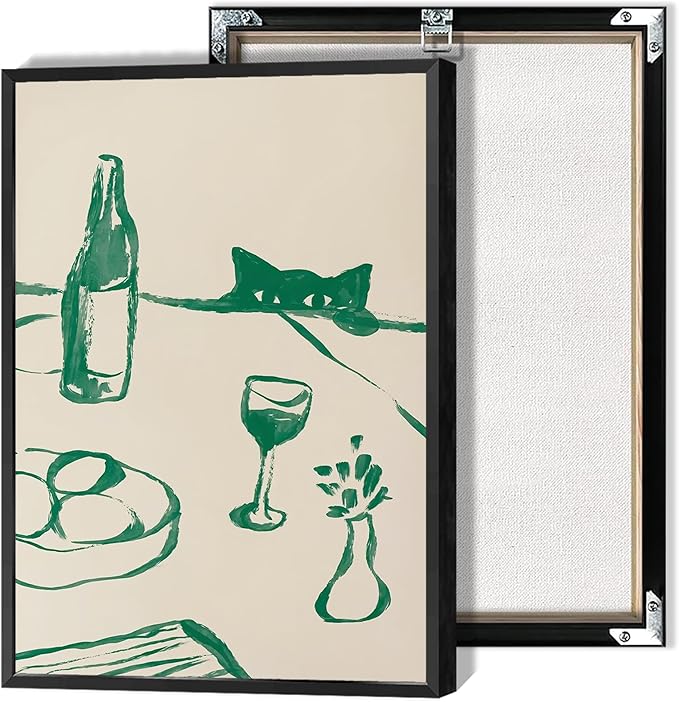 Sneaky Cat Wine Wall Art Funny Kitchen Animal Poster Whimsical Pet Wall Decor Abstract Scandi Dinner Sketch Prints Painting For Living Room Dining Room Wall Decor 16x24in Framed