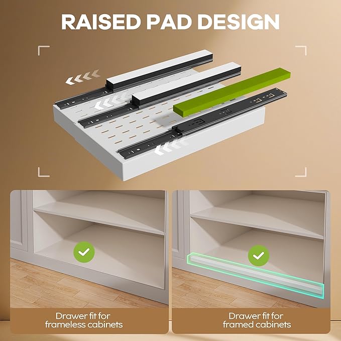 4 Pack Pull out Cabinet Organizer 21" Deep With Raising Pad for Framed Cabinets, Expandable (9"-14" W) Slide out Drawers for Kitchen Cabinets with 4pcs Divider Racks, Roll out Shelves, White
