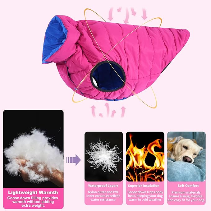 LovinPet Reversible Dog Puffer Coat for Medium & Large Dogs, Down‑Insulated Winter Jacket, Water‑Resistant & Wind‑Resistant, Anti‑Static, Dual-Sided Blue & Red for Cold Weather, 2XL