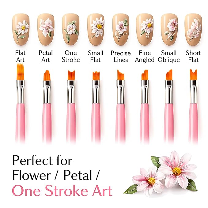 8PCS Nail Art Brushes Set, Flat and Angled Painting Brushes for Acrylic Nail Art Design, Gel Polish Application, Petal and Flower Pattern Drawing Tools for Beginners and Professionals