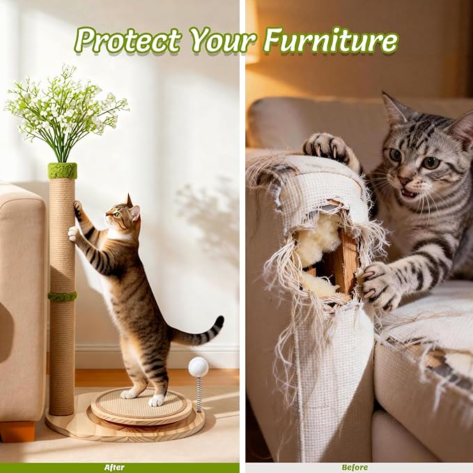 Cute Babys Breath Flower Cat Scratching Post, 39" Tall Cat Scratcher, Interactive Cat Toys with Ball Track & Spring Ball, Cat Scratch Post with Pad for Indoor Cats Adults and Kittens