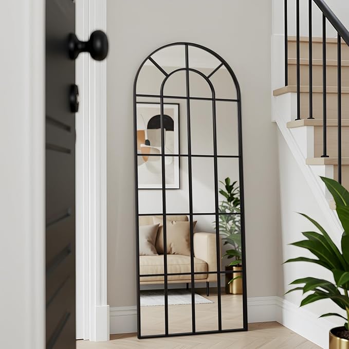 Arched Windowpane Mirror Full Length 65"x24" Wall Mounted Black Art Pane Farmhouse Decorative Floor Mirror Leaning Hanging Wall Mirror for Bedroom Living Room Entrance