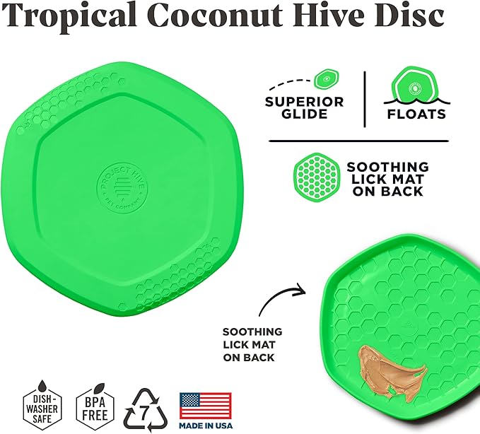 PROJECT HIVE ·PET COMPANY· - Tropical Coconut Scented - Hive Frisbee Disc for Dogs - Great for Fetch - Includes a Lick mat on Back - Floats in Water, Smooth Glide - Made in The USA