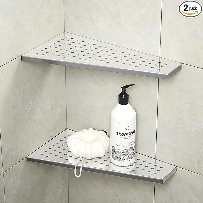 Corner Shower Shelf 12" Polished 304 Stainless Steel Recessed Trapezoid Grout in Shelves with Grid Design Bathroom Shelf Racks for Tiled Wall, 2 Pack