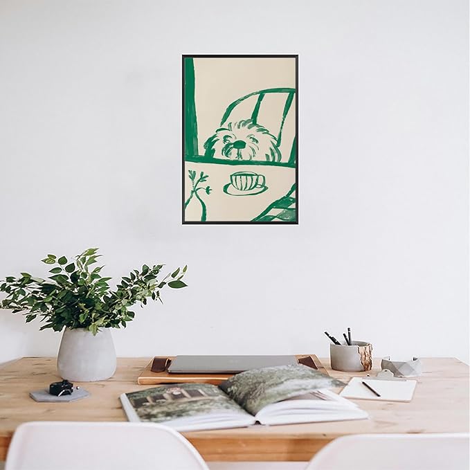 Funny Sneaky Dog Poster Abstract Coffee Breakfast Canvas Wall Art Modern Minimalist Animal Sketch Artwork Prints Painting For Living Room Kitchen Dining Room Wall Decor 24x36in Framed