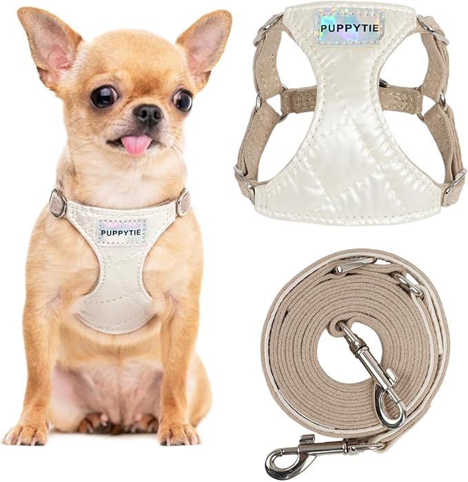 Puppytie No Pull Dog Harness with Multifunction Dog Leash,Soft Adjustable No Choke Escape Proof Pet Harness Vest for Medium Dogs,Glossy Pearl White,M