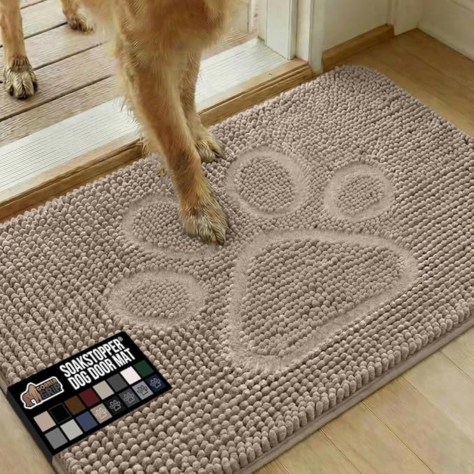 GORILLA GRIP SoakSTOPPER Dog Door Mat, 36x24 Machine Washable Rug Absorbent Doormat Captures Moisture Mud Dirt, Quick Dry Soft Chenille Entryway Rugs Indoor Entrance Mats for Dog Paws, Beige Ivory