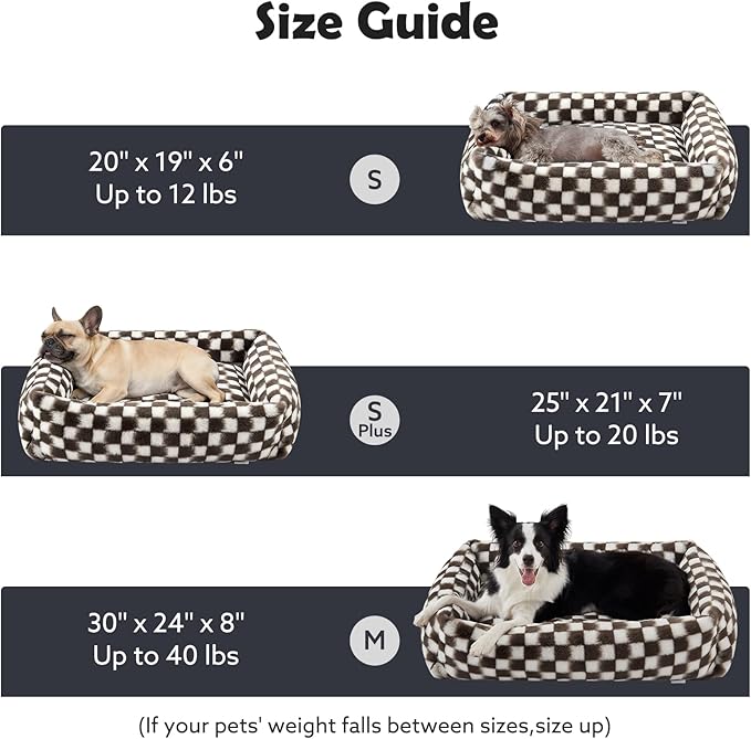 JOEJOY Small Dog Bed for Small Dogs, Removable Washable Cover Orthopedic Soft Faux Rabbit Fur Pet Bed, Anti-Slip Fluffy Plush Puppy Bed, 20"x19"x6", Checkered, Brown