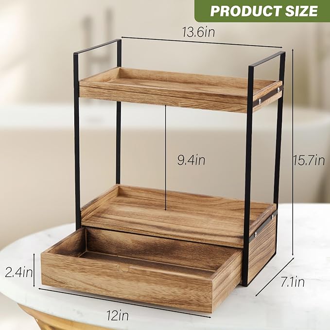 2-Tier Bathroom Organizer Countertop with Drawer, Wood Counter Shelf for Storage, Cosmetic Storage Vanity Tray for Bathroom Organization for, Kitchen, Office
