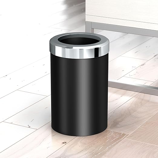 Gatco Small Bathroom Trash Can with Lid, Round 3 Gallon Stainless Steel Wastebasket, Under Sink, Matte Black and Chrome, for Bathroom, Bedroom, Office (1912C)