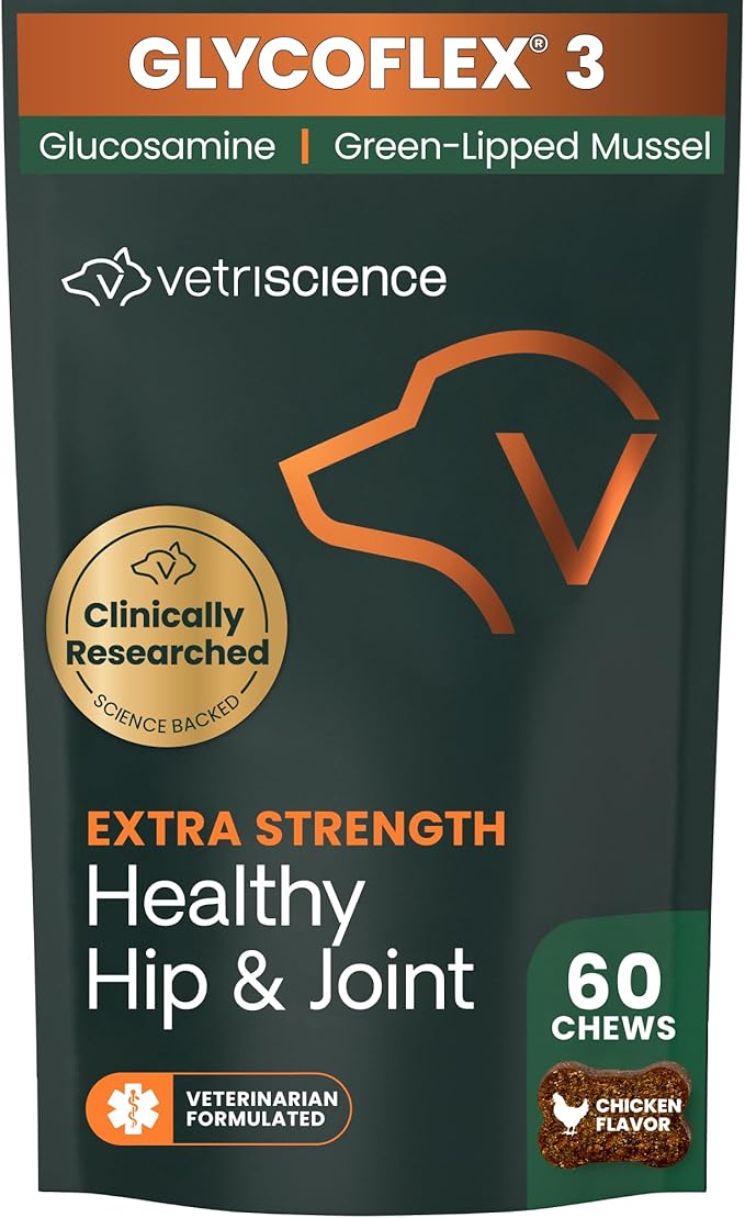 VetriScience Extra Strength Hip & Joint Supplement for Dogs, GlycoFlex 3 –Vet Formulated Glucosamine, MSM & Green-Lipped Mussel Chews for Mobility, Flexibility & Joint Support, Chicken Flavor, 60ct