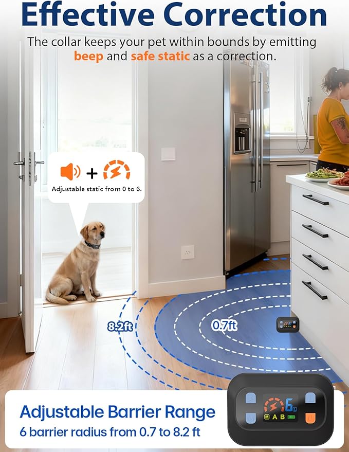 MIMOFPET Wireless Pet Barrier - Outdoor Indoor Pet Barrier Waterproof with Adjustable Range up to 8.2 ft,Adjustable Safe Static Intensity, Rechargeable Color Display Boundary Fence System for Dogs