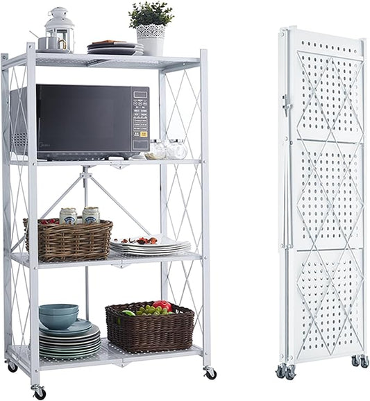 Folding Shelf Foldable Shelves with Wheels - Folding Shelves No Assembly , Collapsible Shelf Unit Display, Kitchen Organizers and Storage, Pop Up Heavy Duty Rack , 4-Tier White 28"D x 14"W x 49"H