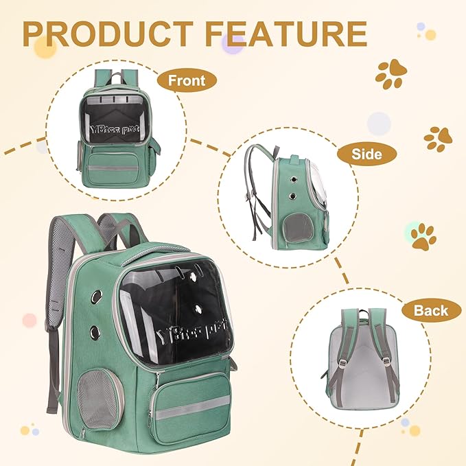 Pet Backpack Carrier, Portable and Ventilated, Oxford Cloth, Dog Cat Travel Bag with Transparent Cover 14.17", (Green, 1 Pcs), Intended for Hiking/Camping/Traveling