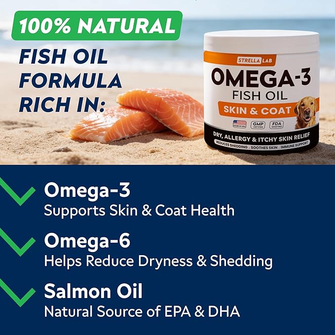 STRELLALAB Omega 3 for Dogs - (180Ct) Fish Oil Treats - Allergy & Itch Relief Skin & Coat Supplement - Dry Itchy Skin, Anti Shedding & Hot Spots Treatment - Pet Salmon Oil Chews - Chicken Flavor