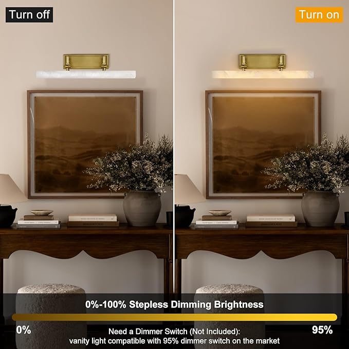 Alabaster Vanity Lights, 20in Marble Bathroom Vanity Sconces, Modern Wall Picture Lights Hardwired, Dimmable Brush Gold Art Light, Brass Picture Frame Light for Artwork Poster Library Photo Display