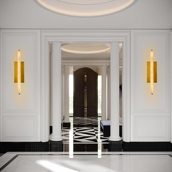 Alabaster Wall Sconces, 25" Brass Alabaster Sconce, Spanish Natural Marble Wall Sconce Lamp Indoor, Rectangle Modern Sconces Lighting for Bathroom Living Room Bedroom Stairs Hallway