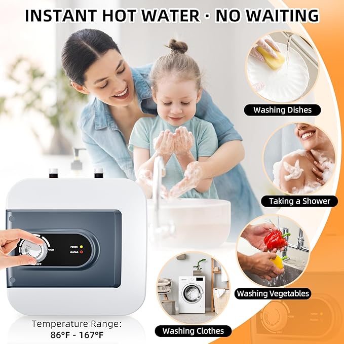 Electric Mini Tank Water Heater, 4Gallon Under Sink On Demand Hot Water Heater, Wall or Floor Mounted, 1500W Point of Use Instant Hot Water for RV Kitchen Bathroom Restaurant
